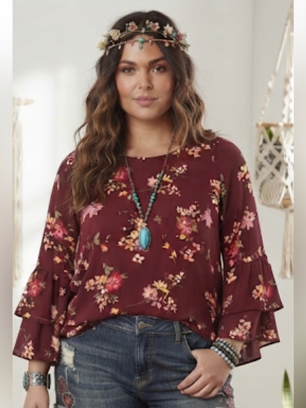 Bershka Burgundy Floral Chiffon Blouse sz Small Bell Sleeve keyhole back